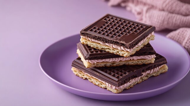 Crispy wafer biscuits with chocolate cream filling minimalistic on purple plate modern backdrop