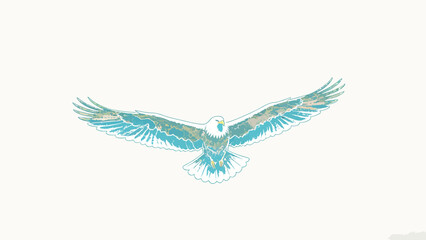 Fototapeta premium Minimalist Styled Textured Graphic Illustration of a Spread-Winged Flying Eagle Against a Soft Plain Off-White Background, Cool Teal and Gold Toned Artwork