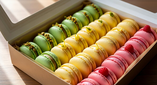 Colorful macarons assortment in open cardboard box, sweet confectionery, delicate dessert