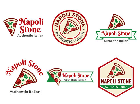 Napoli Stone Pizza Logo Set: Six Flat Vector Variations, Italian Restaurant Branding, White Background