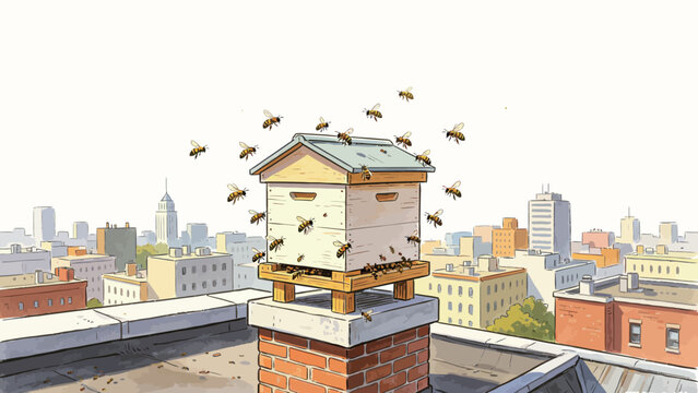 Urban Rooftop Beekeeping: Watercolor Illustration of a Langstroth Beehive on a Chimney With Honey Bees Foraging Over a City Skyline