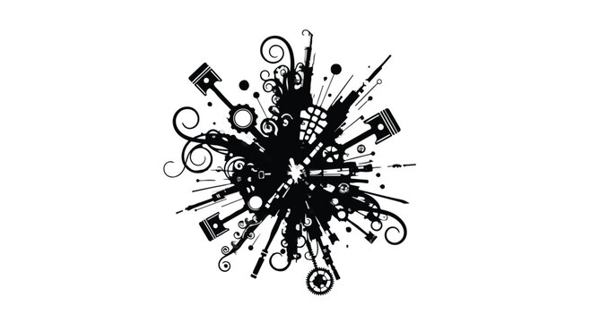 Engine piston illustration displays a mechanical explosion of abstract components.
