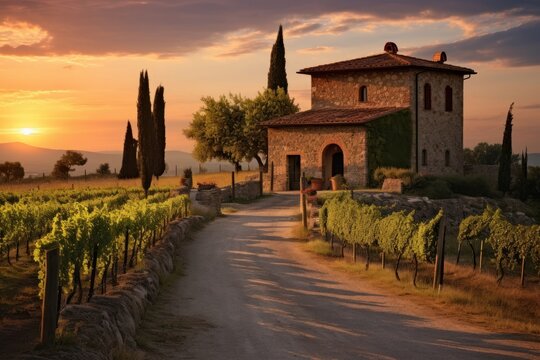 Rustic winery building vineyard architecture outdoors.