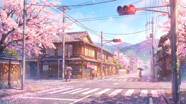 Tranquil street scene bathed in soft light during cherry blossom season with falling petals.