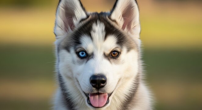 A young fluffy dog with heterochromia stares ahead with one blue and one brown eye while standing outdoors in a garden area during the daytime for a pleasant animal pet portrait in natural light