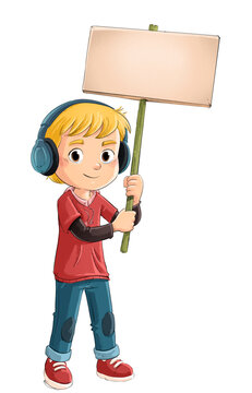 Blond boy with headphones and a banner in his hand