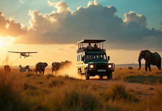 Safari Jeep Wildlife Spotting Adventure in the Savanna with Majestic Animals Under the Endless Sky