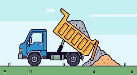 Naklejka premium Dump truck unloading sand against a blue sky construction and transportation concept