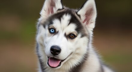Obraz premium A happy sled dog with two different colored eyes sits outdoors while gazing forward with an alert expression during a sunny afternoon walk through the natural environment in the wild green forest