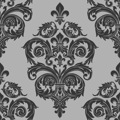 Elegant Damask Pattern with Fleur de Lis and Acanthus Leaves on Grey Background © Korek