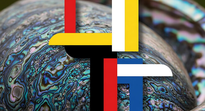 Abstract iridescent abalone shell texture with overlapping colorful geometric shapes, natural shimmering nacre surface detail