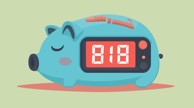 Adorable piggy bank stylized as a digital clock displaying 818 on its screen. Blue, pink, and red