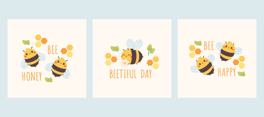 Fototapeta premium Cute greeting cards with bees, honeycombs, and leaves. Perfect for kids design, nursery decor, organic products branding and educational materials. Flat vector illustration