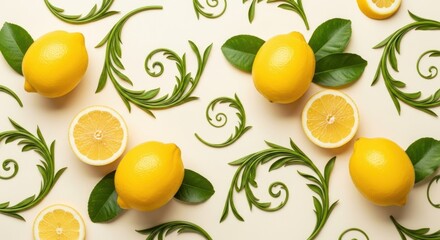 Obraz premium Fresh citrus lemons arranged with green decorative swirls reflect a natural harvest theme suitable for kitchen decor or culinary branding designs that highlight the vibrant essence of summer