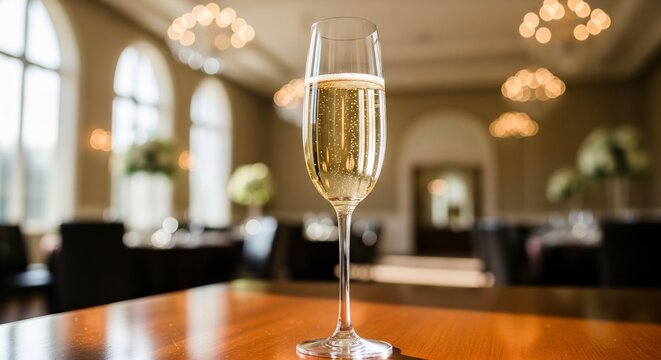 Sparkling Champagne Flute on a Wooden Table in a Luxurious Banquet Hal