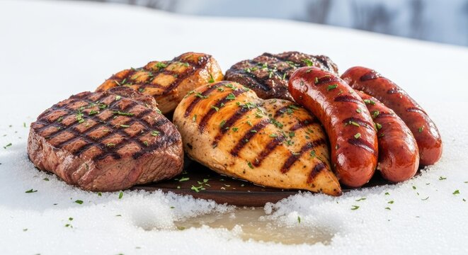 Assorted grilled meats including juicy beef steak chicken breast and savory sausages served together on a rustic wooden platter displayed outdoors on a fresh pile of winter snow during cold