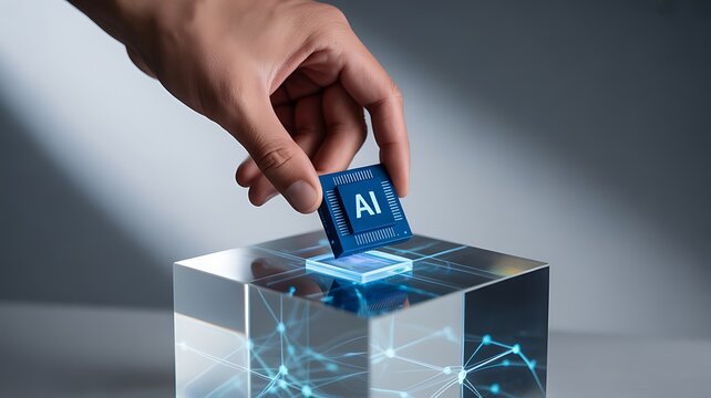 A hand casting an ai chip into a futuristic ballot box