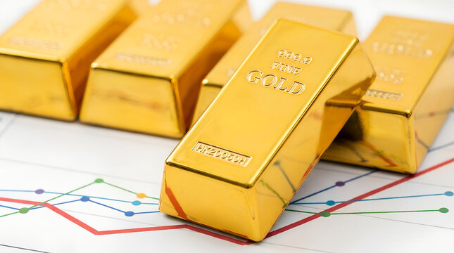 Several gold bars with 999.9 fine gold lettering laying on financial graph spreadsheet. Investment, savings and wealth management concept.
