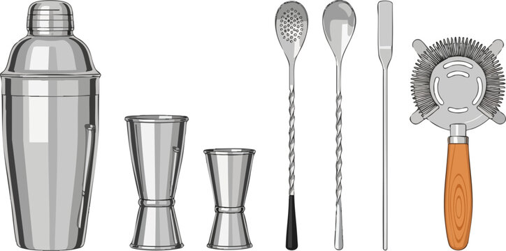Professional stainless steel barware set vector, chrome cocktail shaker and jigger collection, mixology tools with long bar spoons and hawthorne strainer