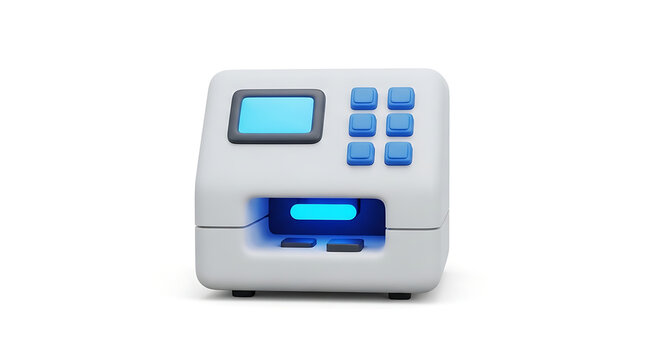 Isolated time clock machine with illuminated screen and blue illuminated slot for punch cards, representing work hours and employee attendance tracking