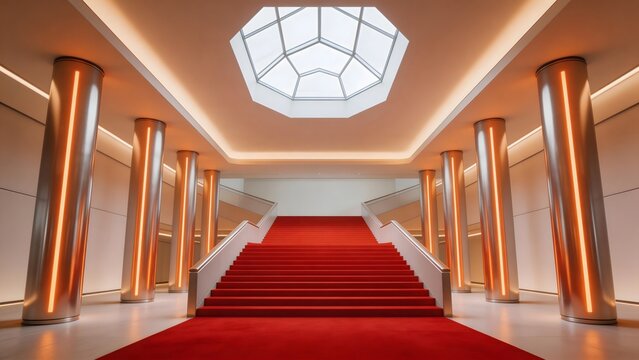 Modern staircase with red carpet and columns