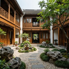 Fototapeta premium Traditional Chinese Courtyard with Wooden Architecture and Stone Garden Path