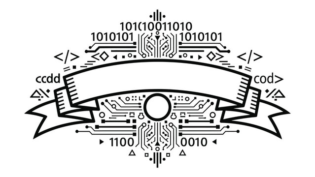 A digital banner with binary code, circuit board patterns, and coding symbols, suitable for technology or programming themes.