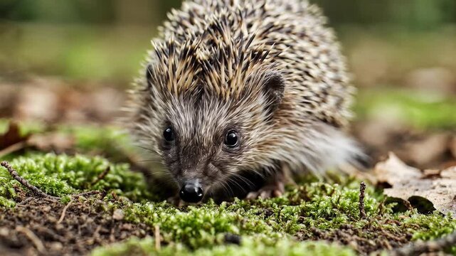 Closeup of a hedgehog foraging in mossy forest floor.