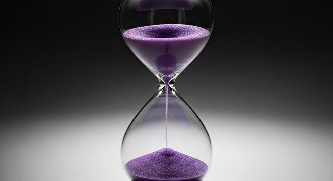 Purple sand flows through a glass hourglass representing the constant passing of human life and the inevitable progression of time as moments disappear forever while measuring intervals of