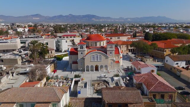 Nicosia Apostle Barnabas Cathedral Aerial View Orbiting Orthodox Church Drone Shot