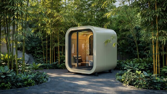 Innovative Soundproof Garden Office Pod Zen Nature Workspace Design Photo