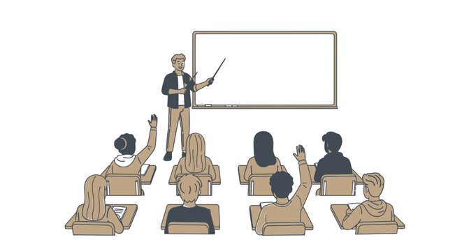 Teacher presenting to students in classroom with whiteboard