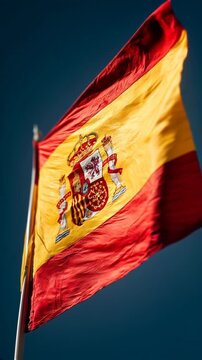 spanish flag waving in dark cloudy sky. spain espana