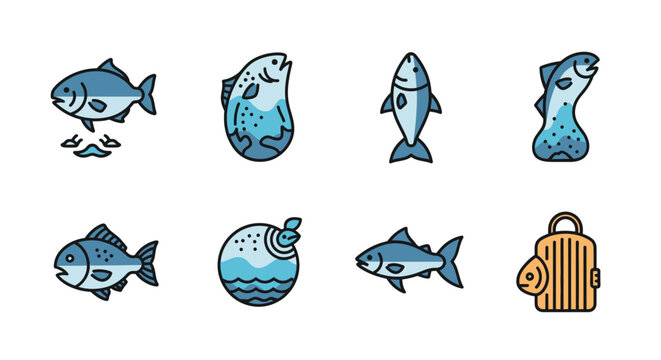 Stylized illustrations of various fish in a clean vector graphic design