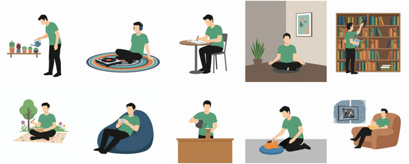 Simple Flat Illustration Set of Man Performing Various Daily Home and Leisure Activities © Khusnul