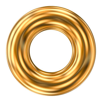 Elegant 3D rendered gold metallic circular frame with glossy finish and concentric rings isolated background.