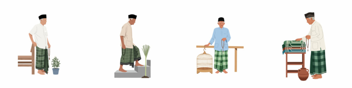 Flat Illustration Set of Elderly Indonesian Muslim Man in Traditional Attire Performing Various Daily Religious and Lifestyle Activities