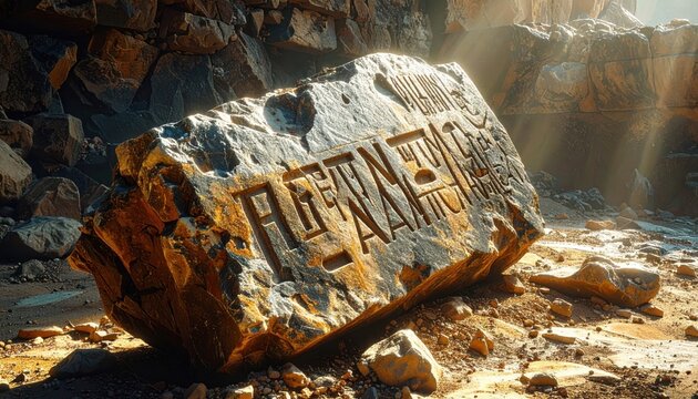 Proto-Sinaitic inscriptions carved into a jagged ancient rock shard bathed in sunlight, revealing early Semitic writing system history