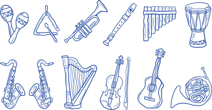 Hand drawn doodle set of twelve musical instruments including maracas, trumpet, saxophone, harp, violin, guitar, and djembe drum