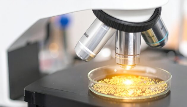 Close-up view of a laboratory microscope focusing on a petri dish containing gold nanoparticles