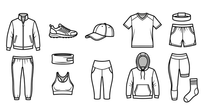 Athletic apparel and accessories vector set in monochrome for active lifestyle