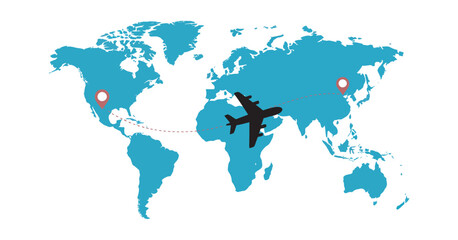 Fototapeta premium Aircraft route on map flat concept vector illustration, airplane flight path between locations, travel navigation line route, aviation journey for website mobile presentation design