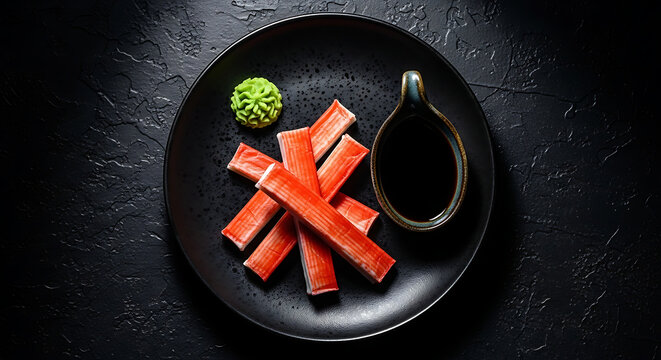Crab sticks arranged on a black plate with soy sauce and wasabi, dark moody lighting, asian cuisine starter
