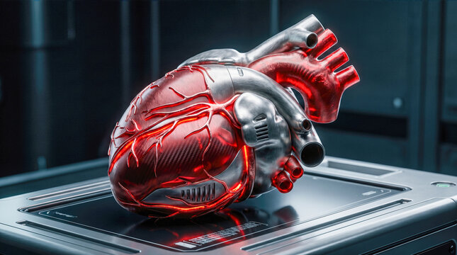 metallic artificial human heart glowing red internal lights resting high tech platform dark sci fi medical laboratory background cardiology concept