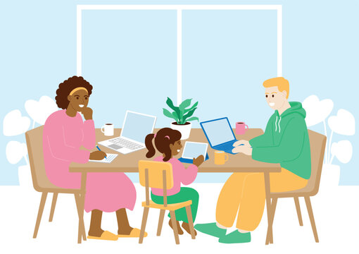 Interracial family using digital devices for work and education at home