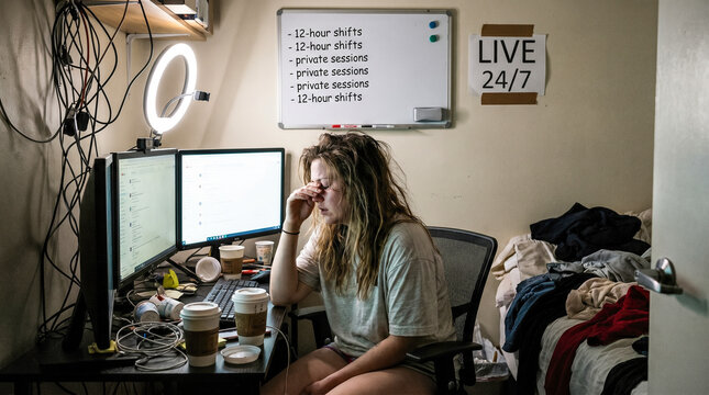 Exhausted young woman working late night computer desk messy room feeling stressed holding head depicting burnout digital fatigue modern overwork concept