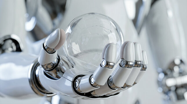 Robotic cyborg hand holding fragile cracked glass sphere depicting artificial intelligence control global vulnerability futuristic technology environmental destruction concept