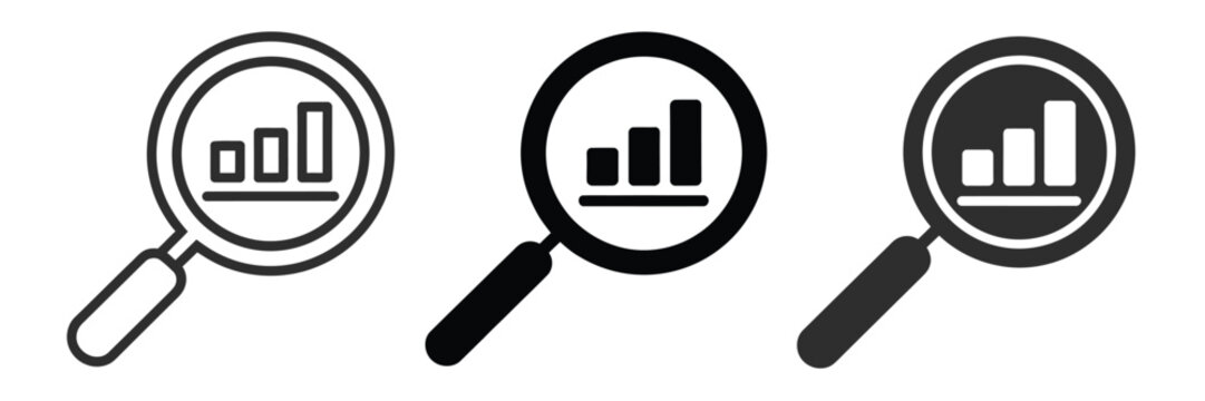 Magnifying glass with bar chart, data analysis and research concept, business analytics symbol, black and white vector design