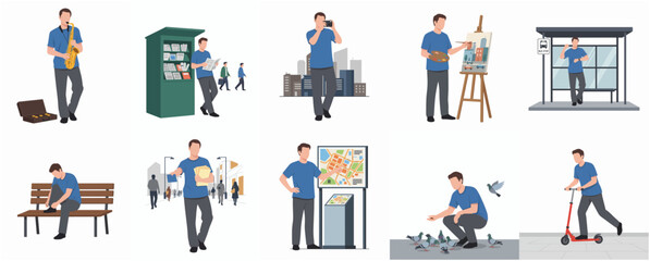 Fototapeta premium Flat Design Illustration of a Man Engaged in Various Urban Daily Activities and City Lifestyle Scenes