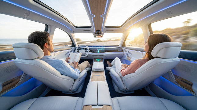 Relaxed young couple travelling together inside modern futuristic autonomous self driving electric vehicle cabin driving along beautiful scenic coastal highway during golden sunset